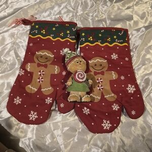 Festive Gingerbread Oven Mitts And Gingerbread Figurine